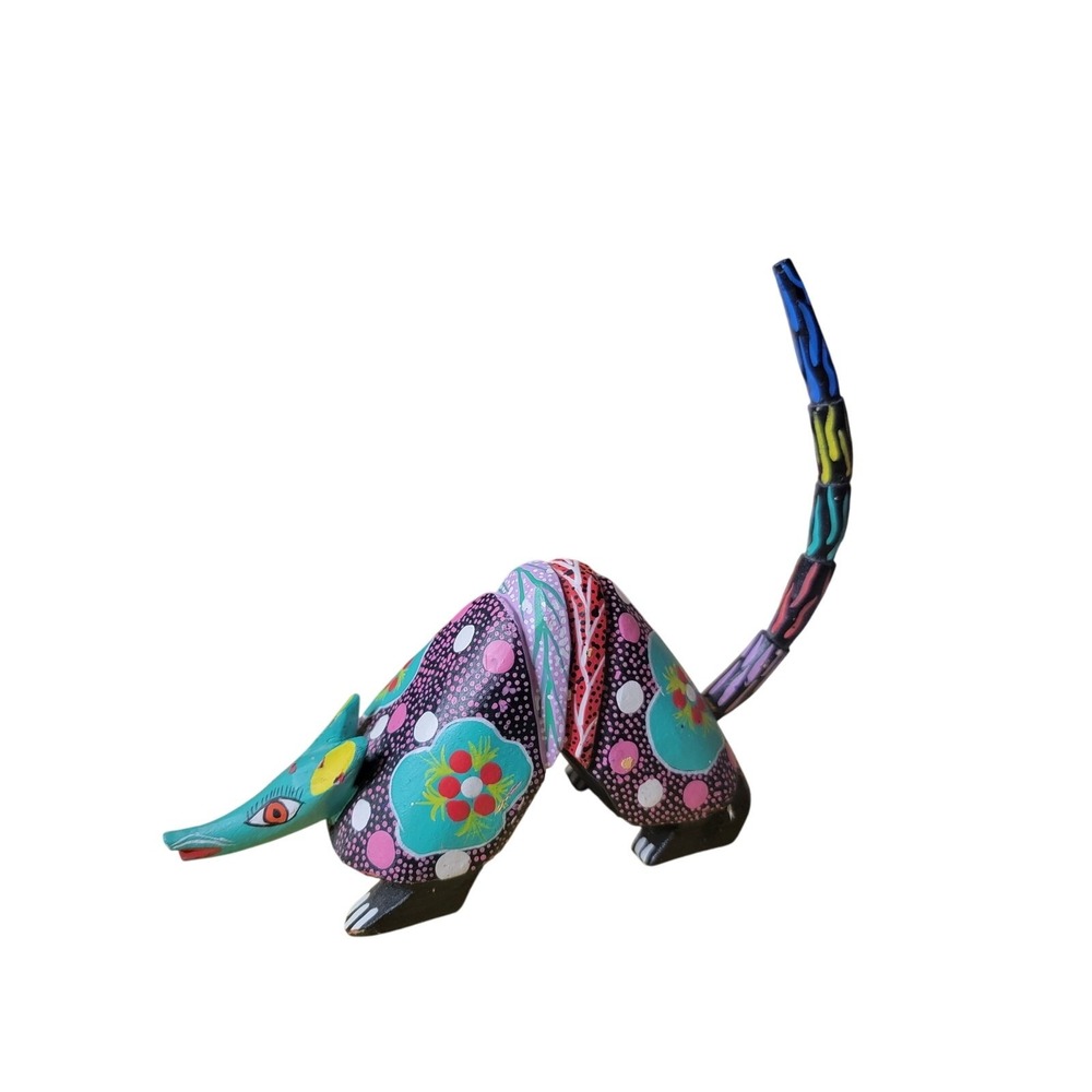 Wood Handcarved Handpainted Armadillo 6" Floral Mexican Native Art